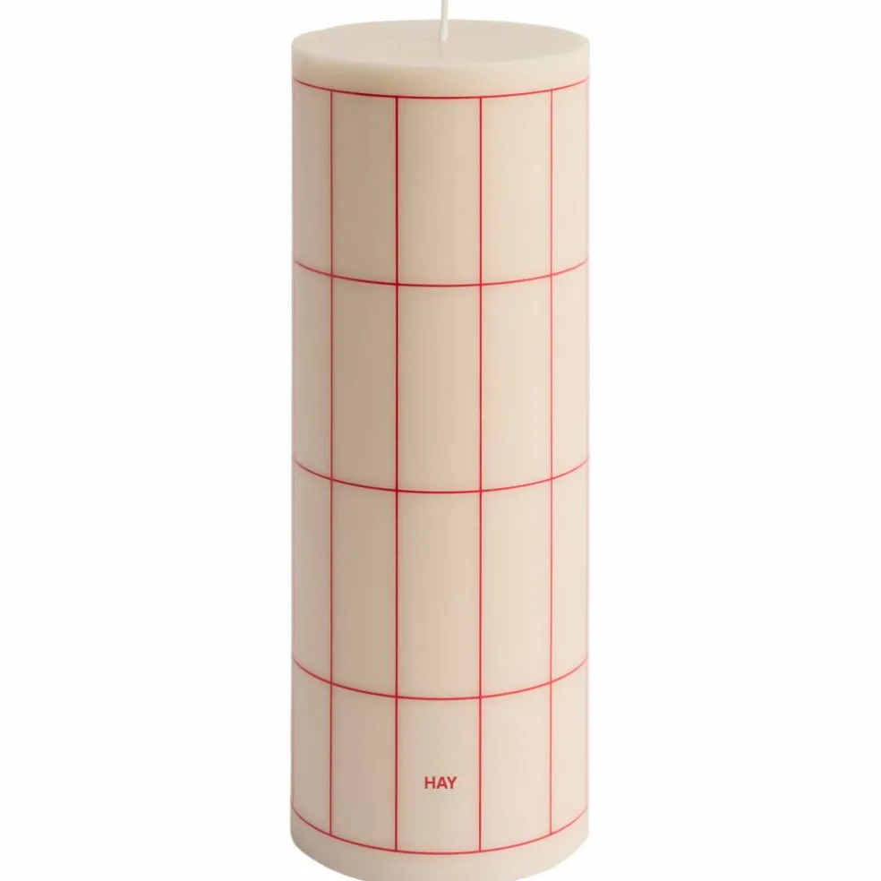 Blockljus large, off-white/red grid check