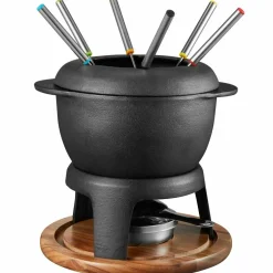 Fondue gjutjärnsgryta med akaciaträplatta