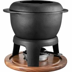 Fondue gjutjärnsgryta med akaciaträplatta