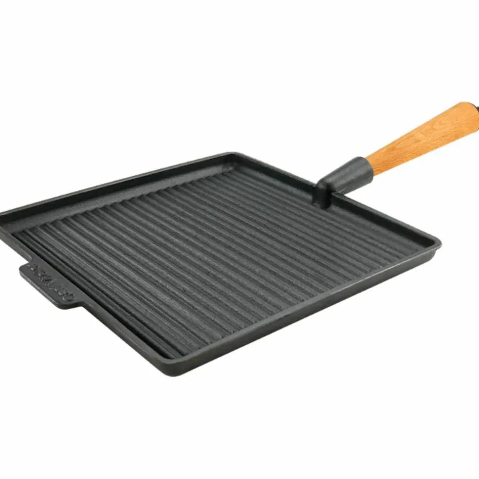 Fyrkantig gjutjärnsgrillpanna 28 cm, handtag i bok