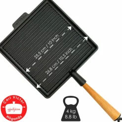 Fyrkantig gjutjärnsgrillpanna 28 cm, handtag i bok