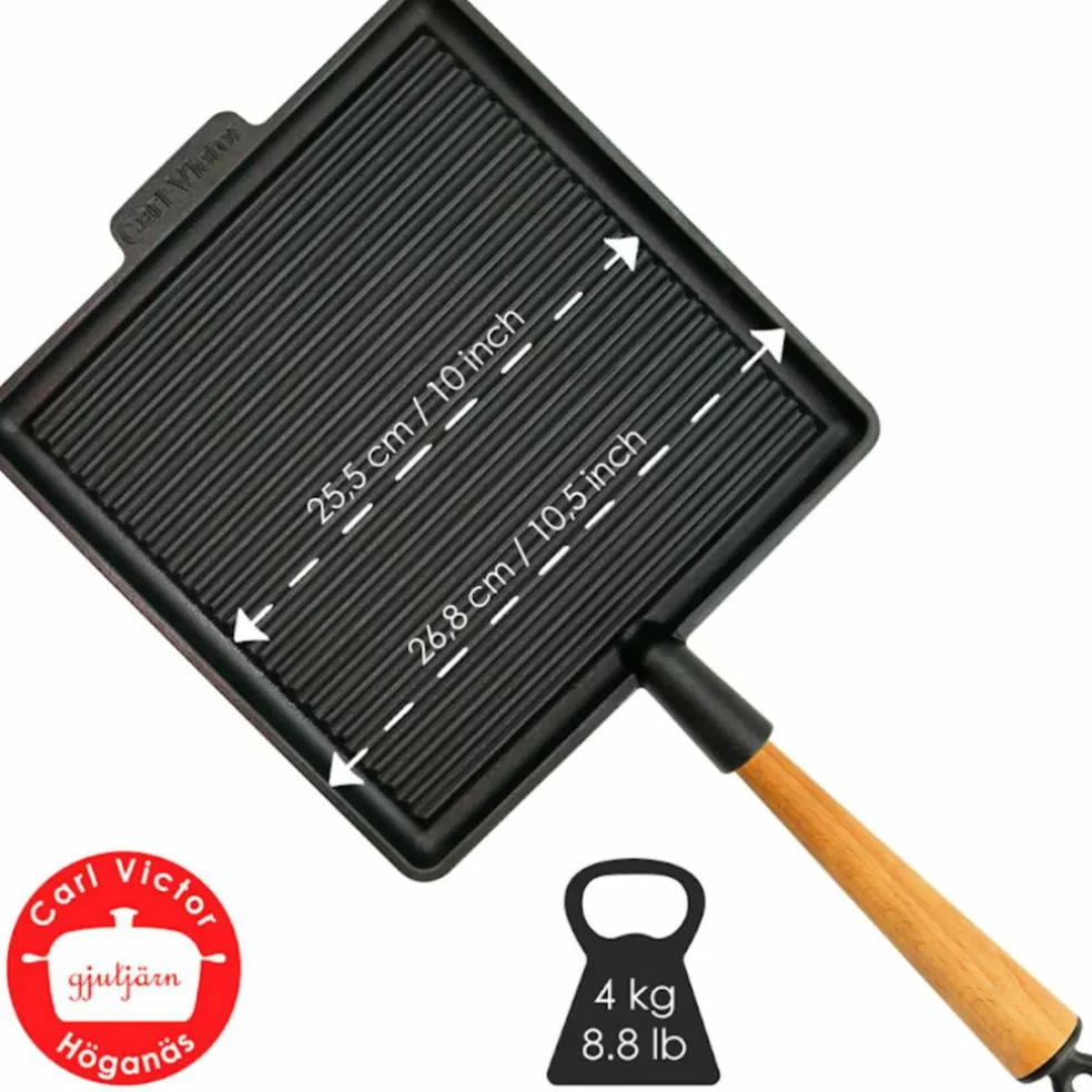 Fyrkantig gjutjärnsgrillpanna 28 cm, handtag i bok