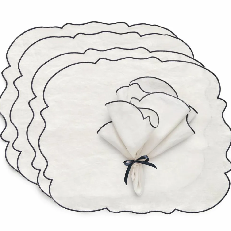 Gia textilset 4 bordstabletter + 4 servetter, rosa/vit