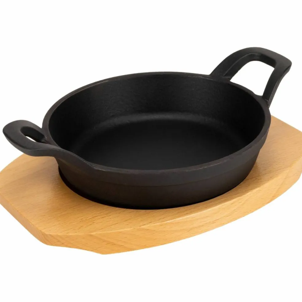 Gjutjärns Serveringspanna 16 cm, underlägg i trä