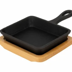 Gjutjärns Serveringspanna 16 cm, underlägg i trä