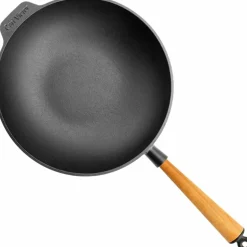 Gjutjärnswok 30 cm, handtag i bokträ