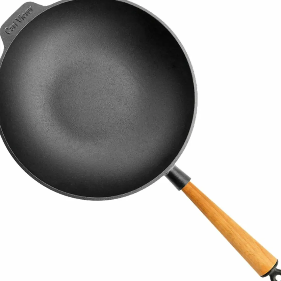 Gjutjärnswok 30 cm, handtag i bokträ