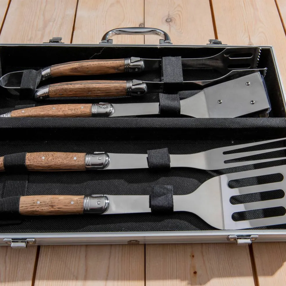 Grillset i aluminiumväska 4 delar, ekhandtag
