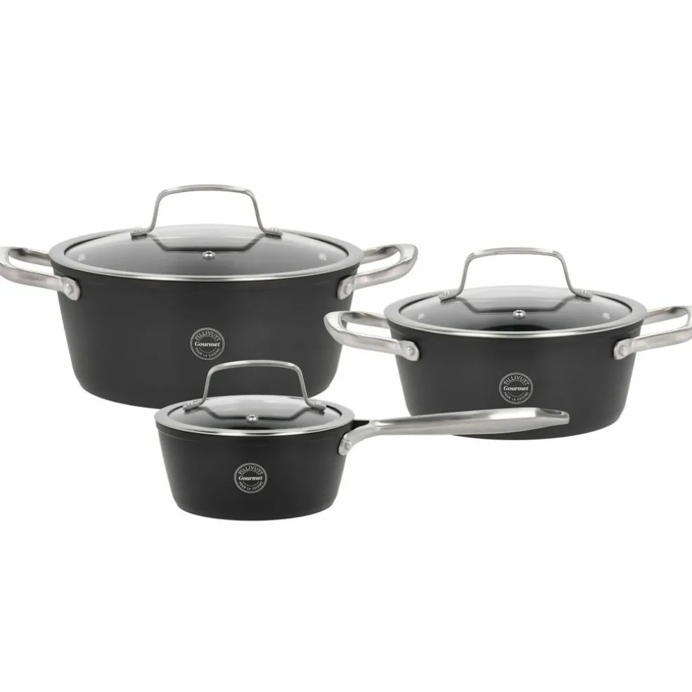 Grytset med glaslock 6 delar, svart aluminium