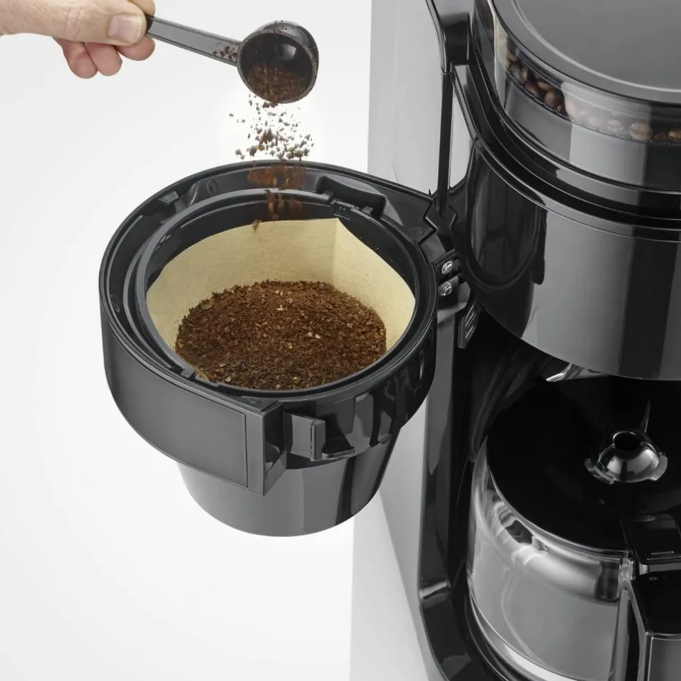 Kaffebryggare med kvarn & glaskanna, dark inox