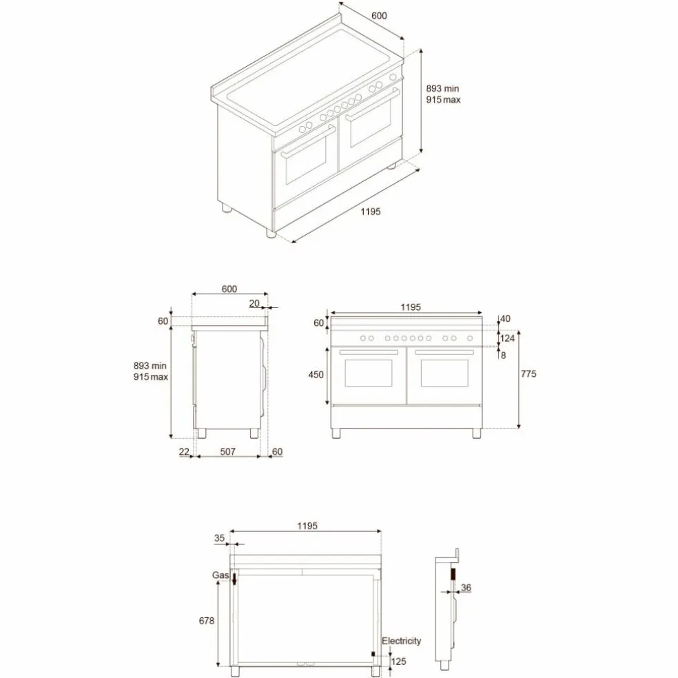 MAS125I2EXT2 Master induktionsspis 120 cm med 5 zoner, stekbord och 2 ugnar, rostfritt stål