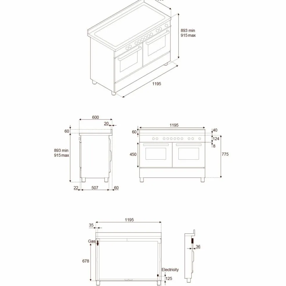 Professional PRO125I2EBIT2 induktionsspis 120 cm med 5 zoner, elektriskt stekbord och 2 ugnar, vit