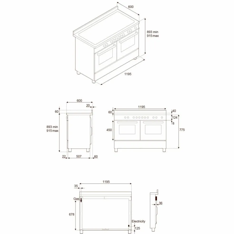 Professional PRO125I2ENET2 induktionsspis 120 cm med 5 zoner, elektriskt stekbord och 2 ugnar, svart