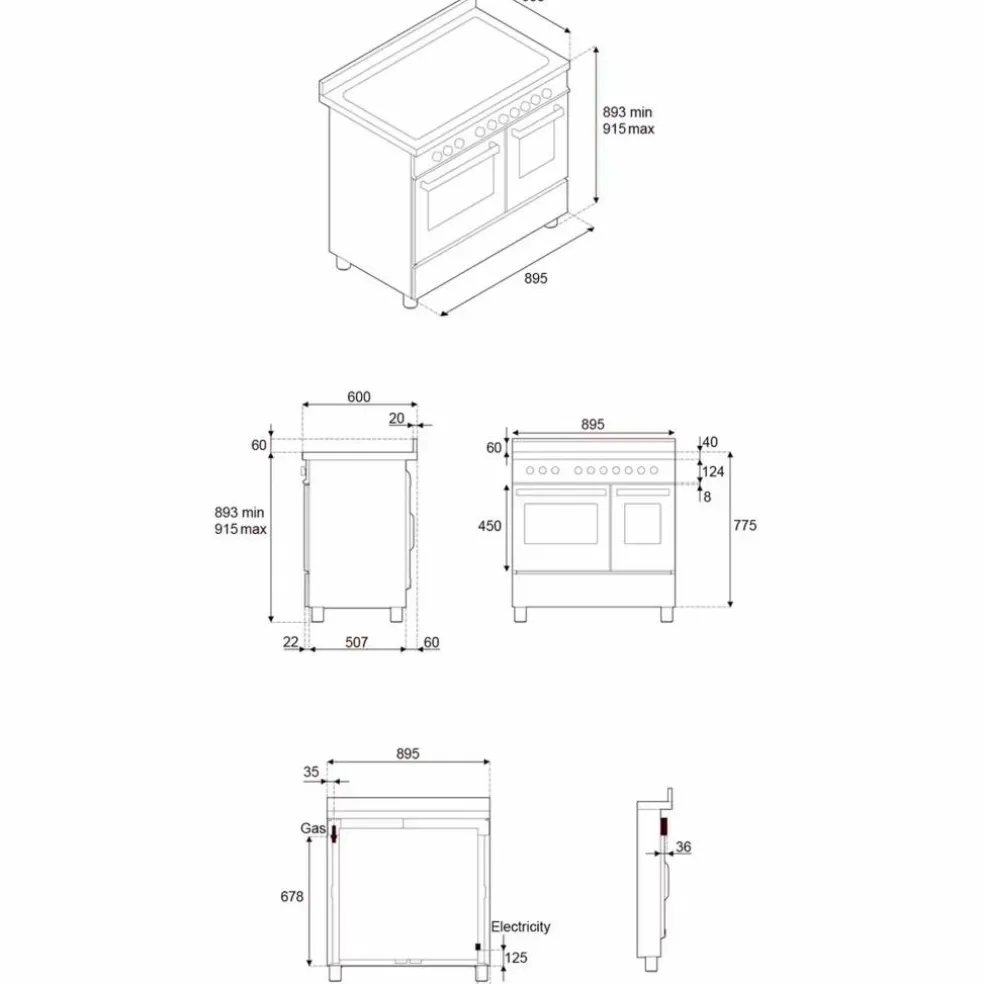 Professional PRO95I2EXT2 induktionsspis 90 cm med 5 zoner och 2 ugnar & REF904FFNXTC kyl/frys, rostfritt stål