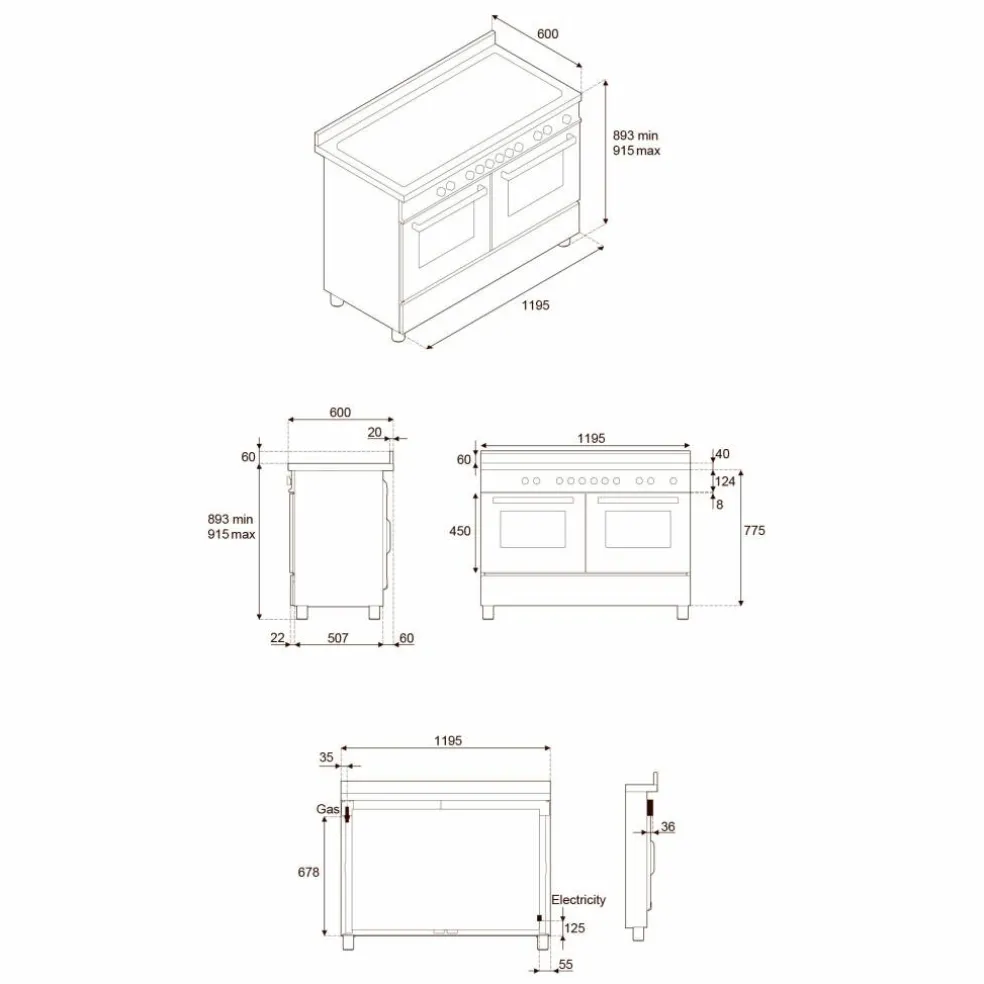 PRO126G2EBIT2 Professional gasspis 120 cm med 6 brännare, elektriskt stekbord och 2 ugnar, vit