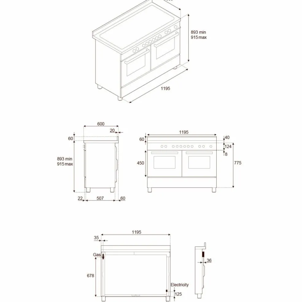 PRO126G2EBIT2 Professional gasspis 120 cm med 6 brännare, elektriskt stekbord och 2 ugnar, vit