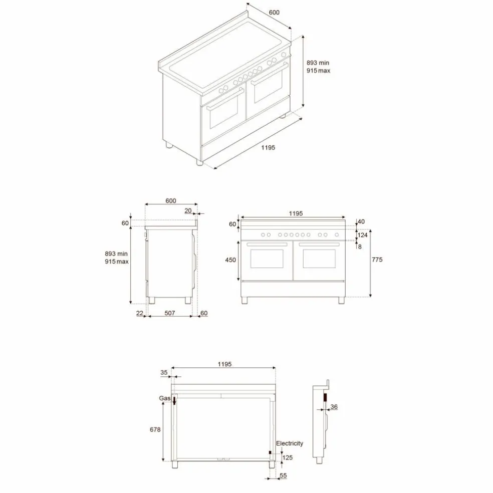 PRO126G2EBIT2 Professional gasspis 120 cm med 6 brännare, elektriskt stekbord och 2 ugnar, vit