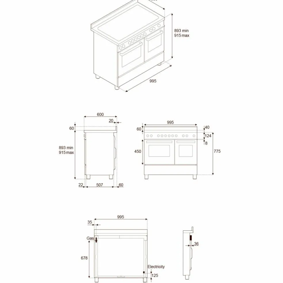 PRO106L2EBIT2 Professional gasspis 100 cm med 6 brännare och 2 ugnar, vit