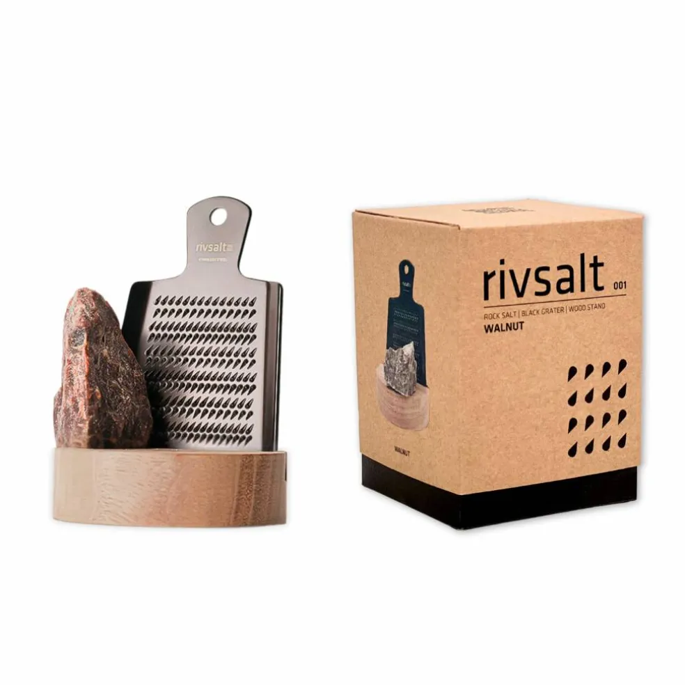 Set med rivjärn, bergsaltsten & bordsställ i valnötsträ