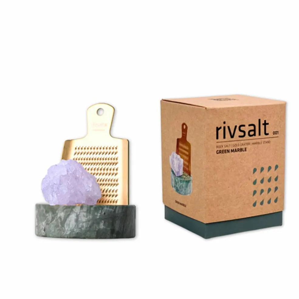 Set med rivjärn, blå saltsten & bordställ i marmor