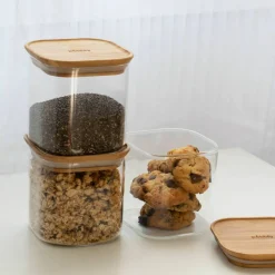 Stapelbar glasburk 800 ml 3-pack, bambu/glas
