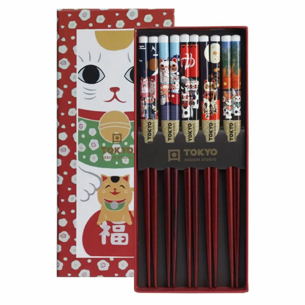 Ätpinnar gåvoset 5 par, lucky cats