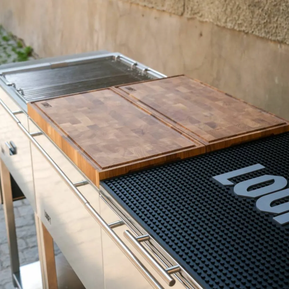 Utekökspaket A: kolgrill + 2 sidobord, rostfritt stål