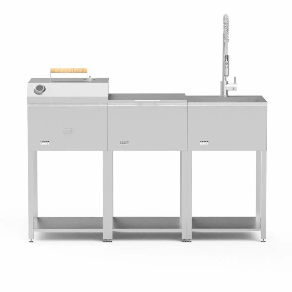 Utekökspaket B: kolgrill + sidobord + diskho, rostfritt stål