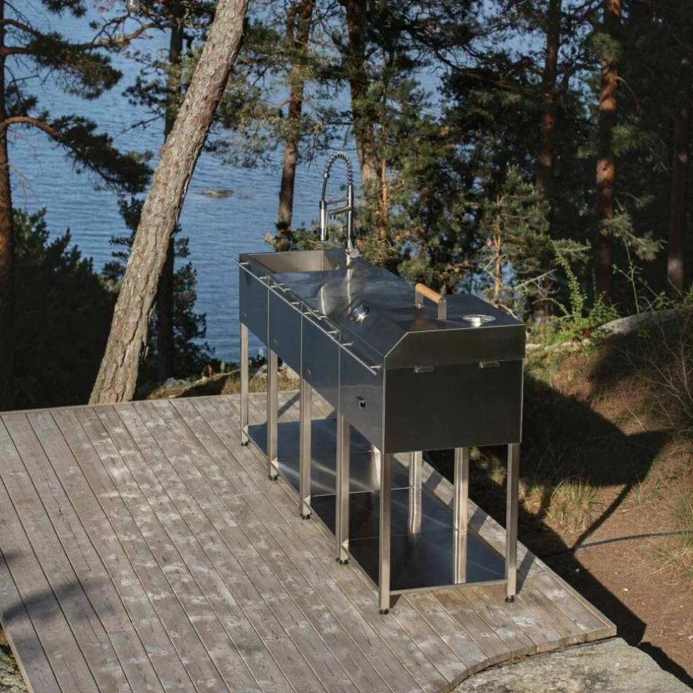 Utekökspaket C: kolgrill + 2 sidobord + diskho, rostfritt stål