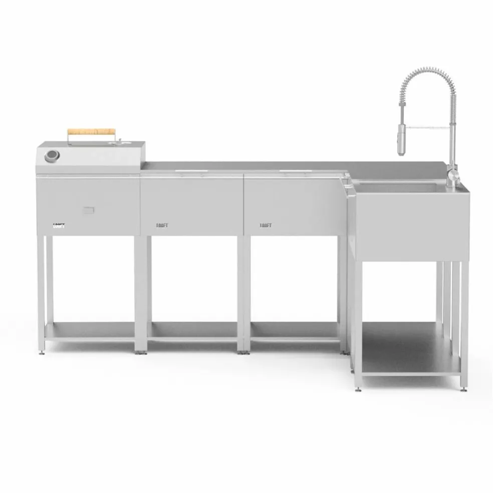 Utekökspaket L: kolgrill + 4 sidobord + diskho, rostfritt stål